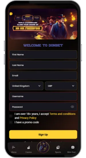 Casino registration screen