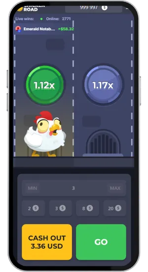 Chicken Road active round showing 1.12x and 1.17x multipliers with Cash Out button for 3.36 USD