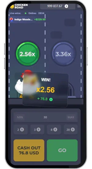Chicken Road win screen showing x2.56 multiplier with a payout of 76.8 USD