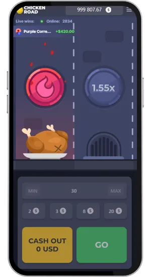 Chicken Road loss screen with roasted chicken on the left lane and 1.55x multiplier still active on the right