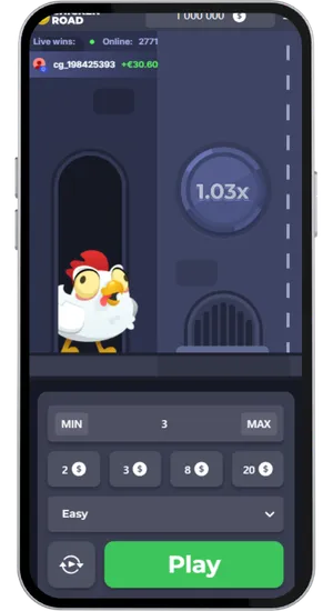 Chicken Road game start screen with 1.03x multiplier and bet amount set to 3