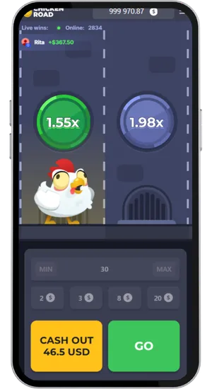Chicken Road gameplay with 1.55x and 1.98x multipliers active and Cash Out option at 46.5 USD