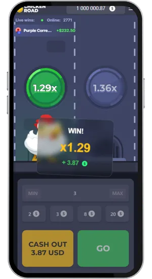 Chicken Road win screen displaying x1.29 multiplier with a reward of 3.87 USD